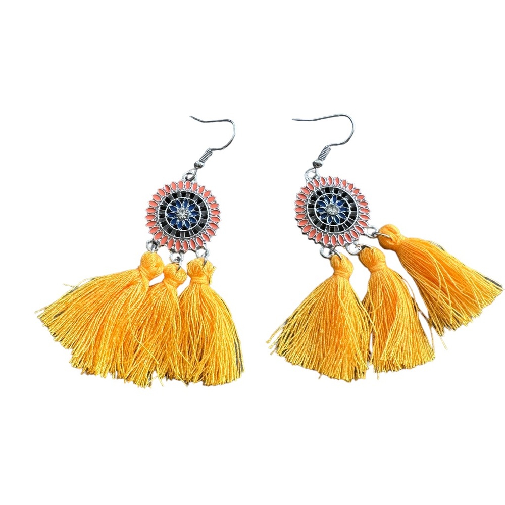 Golden Yellow Triple Tassel Boho Style Drop Earrings